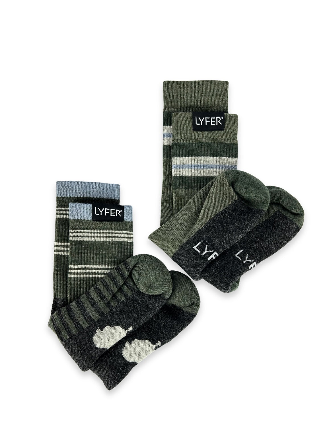 Set of LYFER hiking socks with patterned designs and 'LYFER' branding on a white background