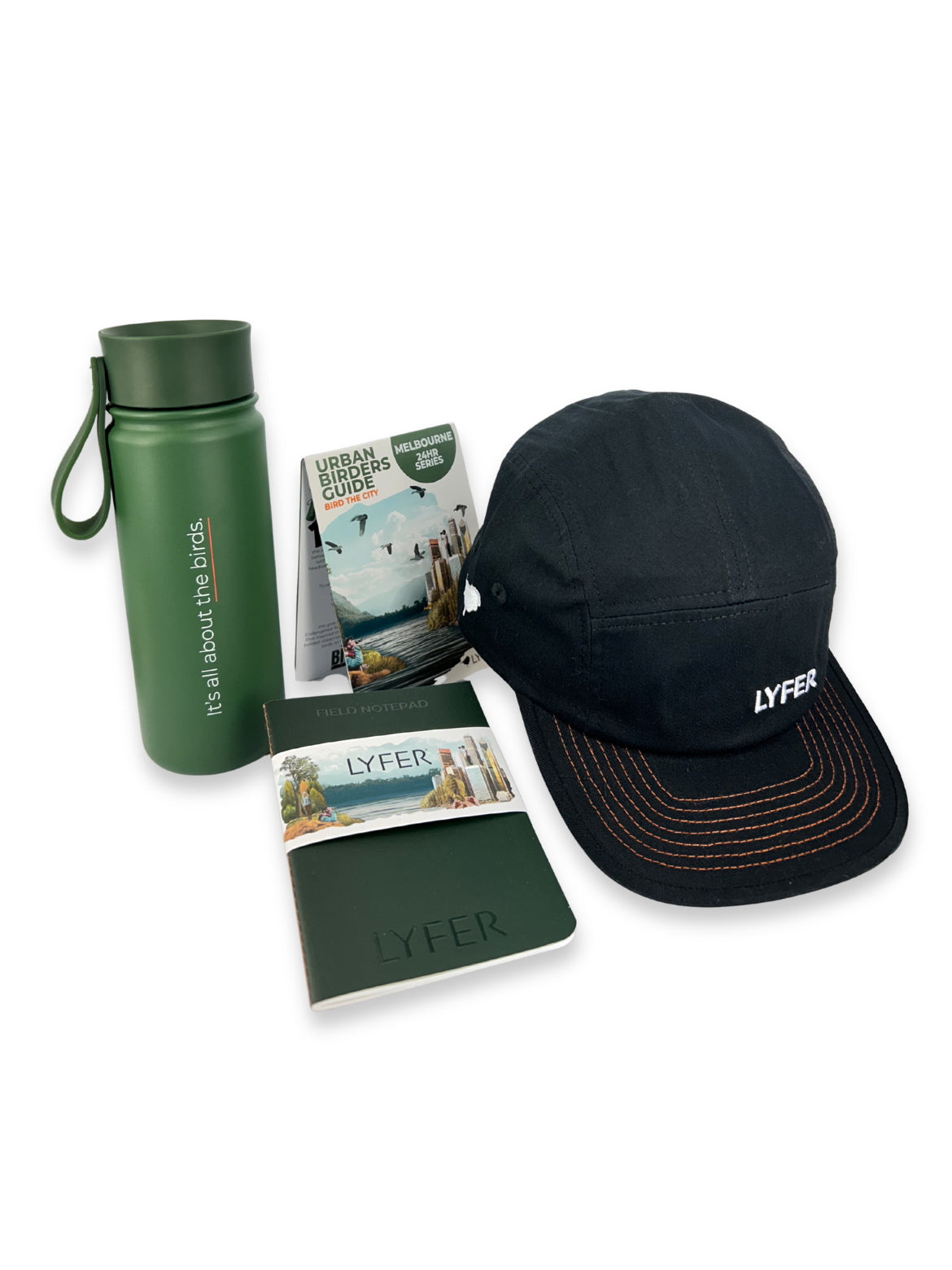 LYFER branded items including a water bottle, cap, field notepad and Urban Birders Guide Melbourne on a white background